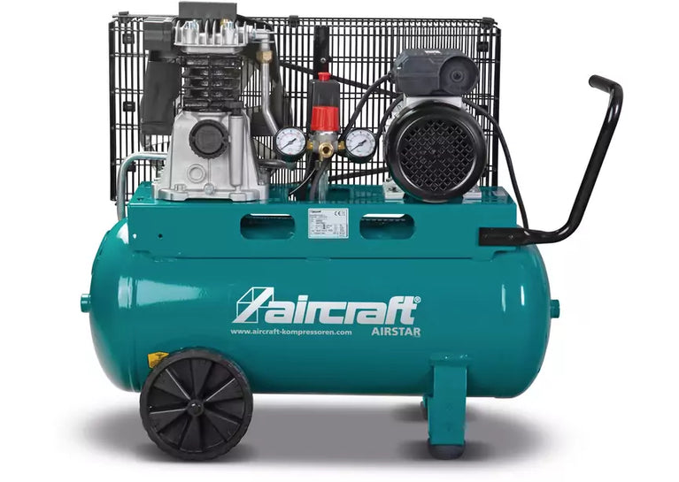 Mobiele compressor riemaandrijving met olie ketel 50 L 1,5 kW / 2 Pk 10 Bar 235 l/min 230V Aircraft