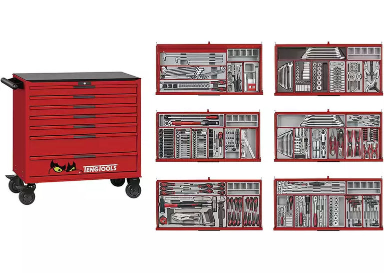 Gereedschapswagen rood midi master set 7 laden - 663-delig Teng Tools