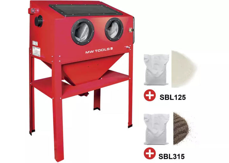 PACK straalcabine 220 L met 25 kg glasparels en 25 kg bruine korund MW Tools
