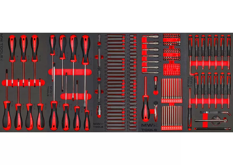 Gevulde brede, robuuste gereedschapswagen met topkoffer XXL 729-delig MW Tools