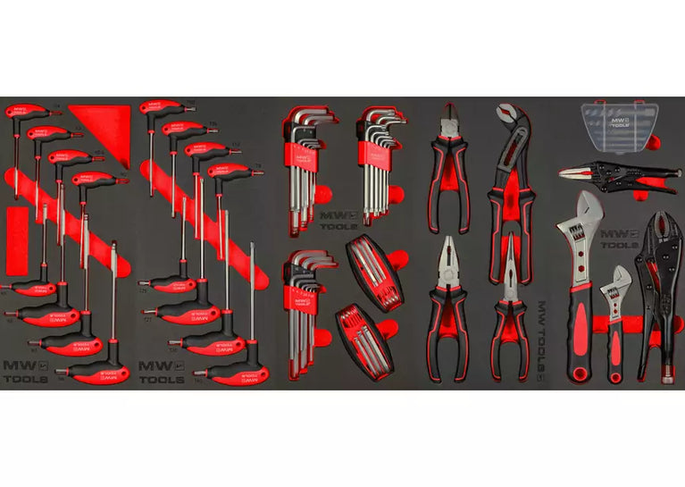 Gevulde brede, robuuste gereedschapswagen met topkoffer XXL 729-delig MW Tools