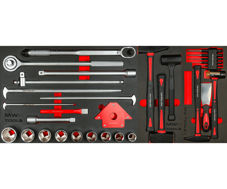 Gevulde brede, robuuste gereedschapswagen met topkoffer XXL 729-delig MW Tools