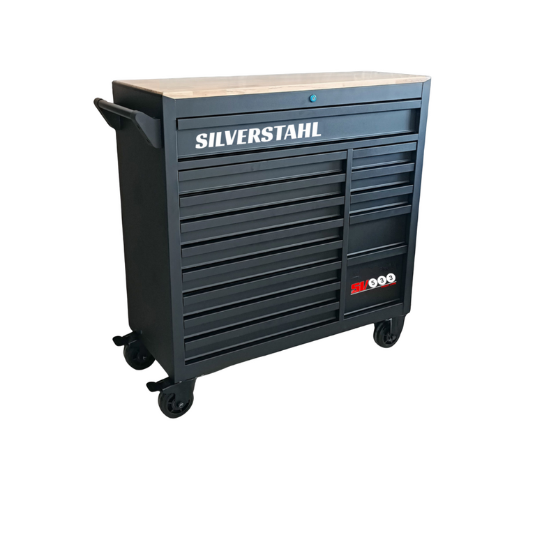 Silverstahl SV533 Profi Line Gereedschapswagen – 344-delig, 14 laden (Mat Zwart, Houten Werkblad)