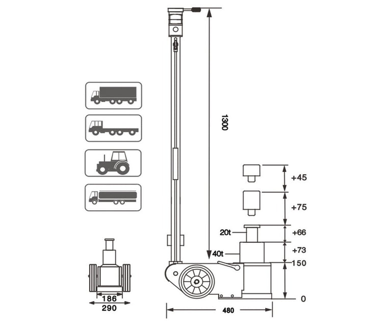 Hydro-pneumatische krik 20 - 40 T 2-traps MW Tools