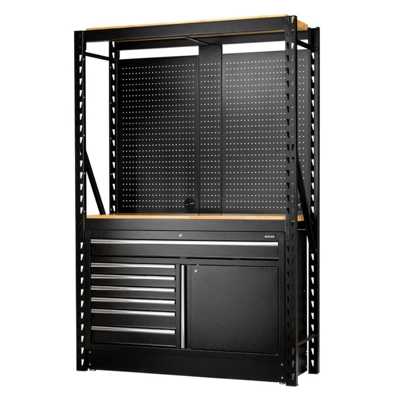 BUNKER Opbergrek met geperforeerde achterwand en 2 vloerkasten, 1500x2210x520mm