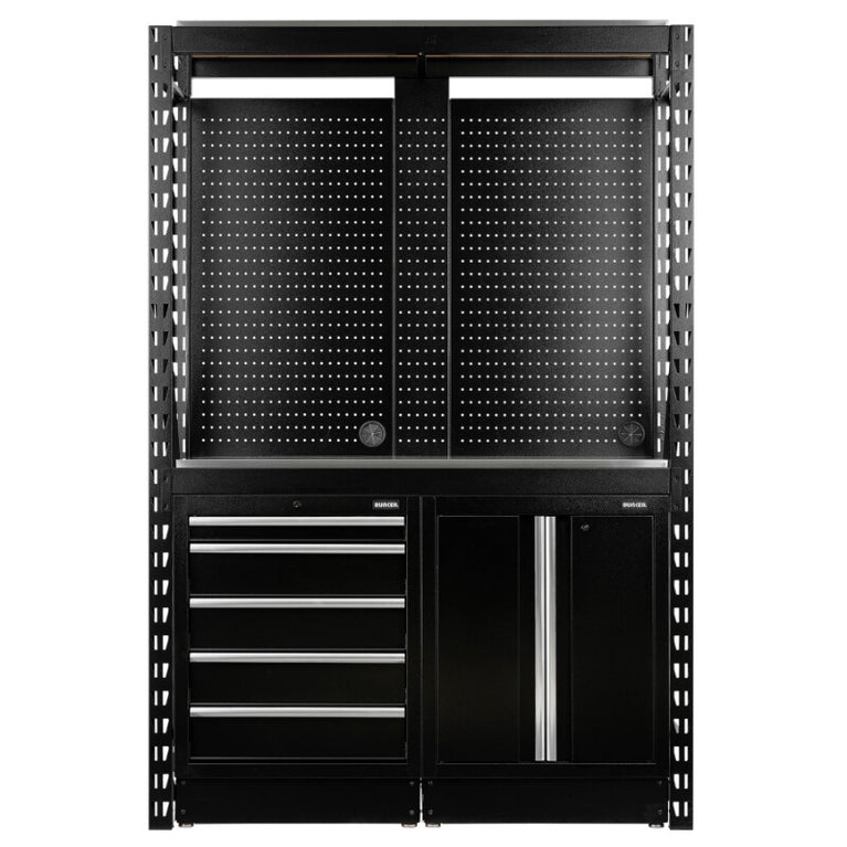 BUNKER Opbergrek met geperforeerde achterwand en 2 vloerkasten, 1500x2210x520mm