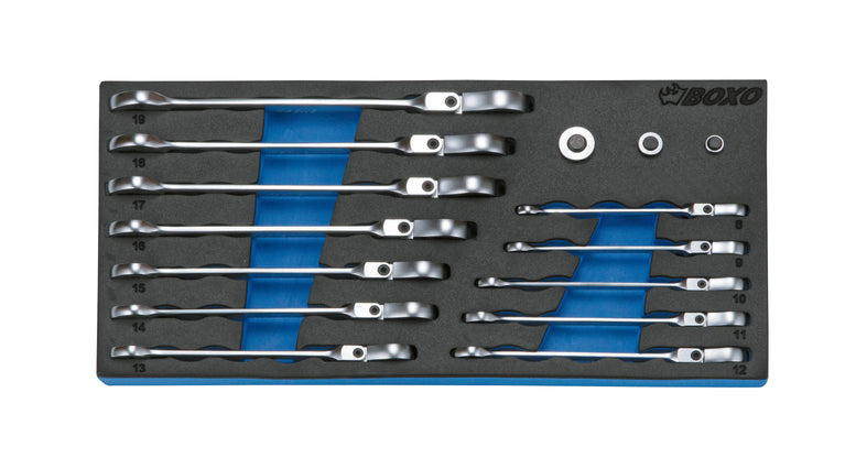 Steek- ringratelsleutelset met flexibele kop 15-dlg.