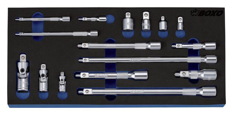 1/4", 3/8" en 1/2" Verloopdopsleutel- magnetisch verlengstuk- en cardangewrichtset 16-dlg.