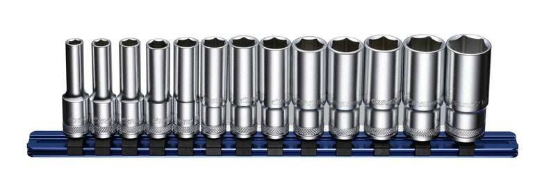 3/8" Dopsleutelset lang op rail 13-dlg.