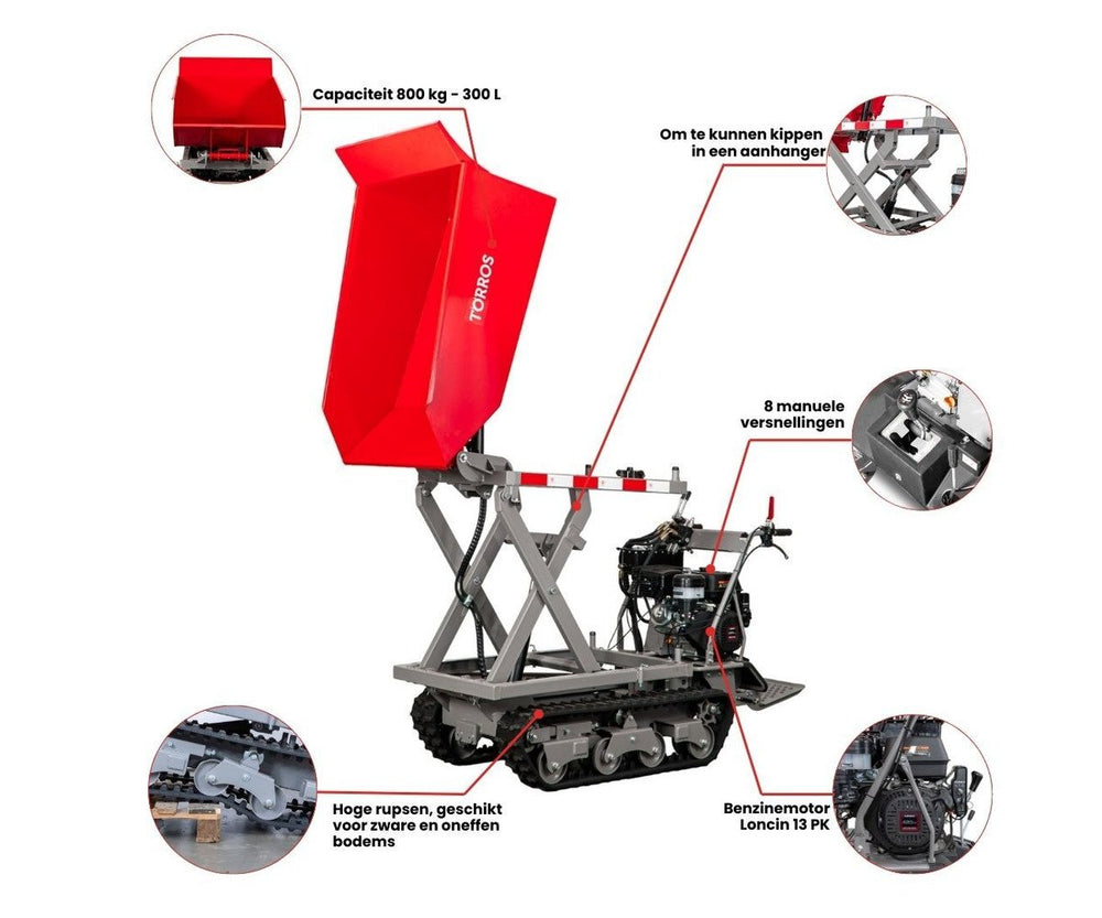 Rupsdumper 800 kg 13pk 6+2R snelheden elektrische start en hydraulische schaarlift Torros