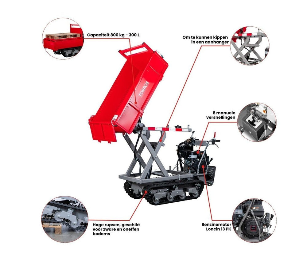 Rupsdumper 800 kg platformbak 13pk 6+2R snelheden elektrische start en hydraulische schaarlift Torros