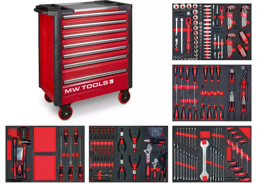 Gevulde robuuste gereedschapswagen STARTER 212-delig MW Tools