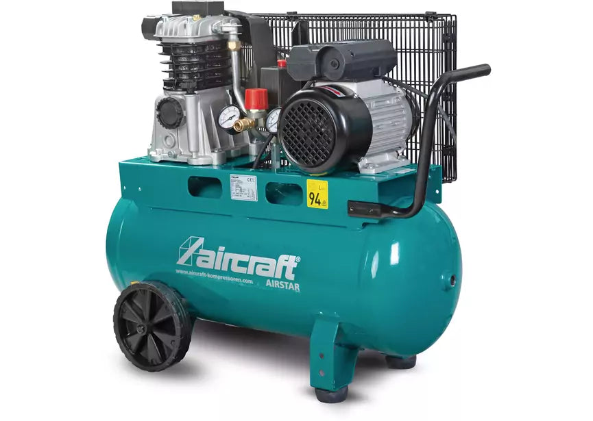 Mobiele compressor riemaandrijving met olie ketel 50 L 1,5 kW / 2 Pk 10 Bar 235 l/min 230V Aircraft
