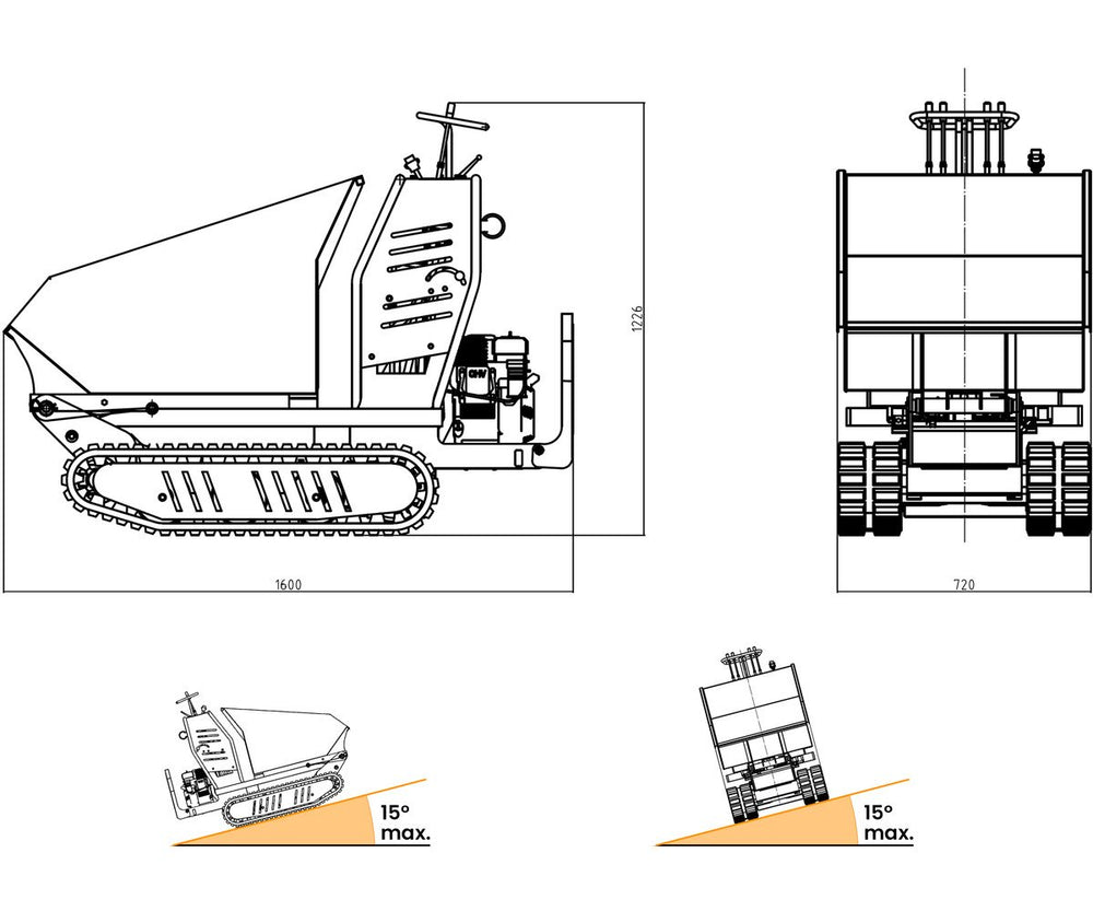 Hydrostatische mini rupsdumper kipbak 500kg 9pk Torros