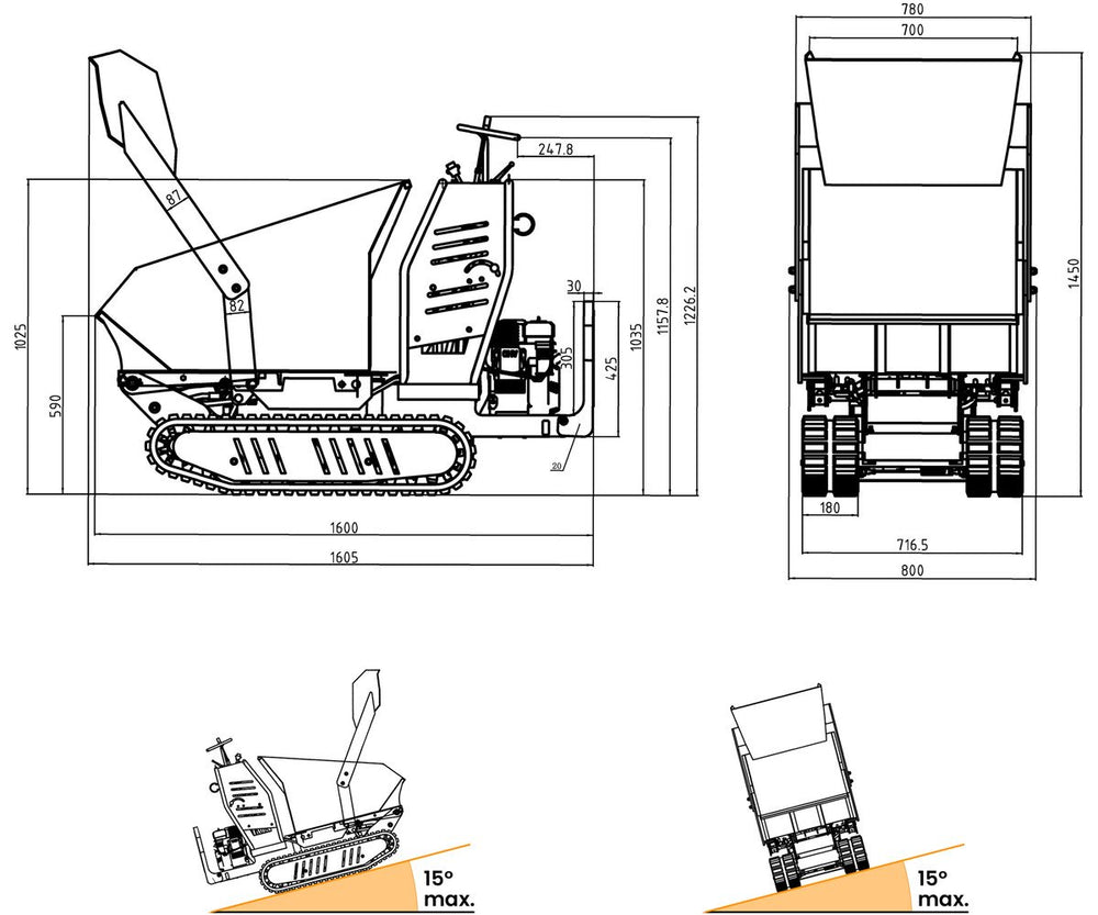Hydrostatische mini rupsdumper met schop 80kg kipbak 500kg 9pk elektrische start Torros
