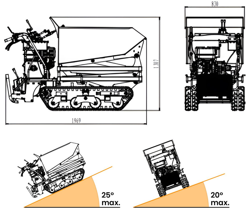 Rupsdumper 800 kg 13pk 6+2R snelheden elektrische start en hydraulische schaarlift Torros