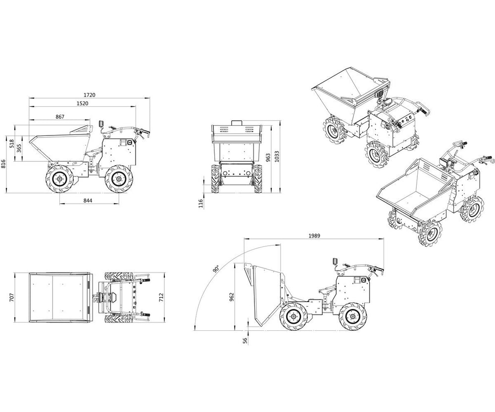 Elektrische knikdumper 4x4 wielaandrijving 350kg 158 l hydraulisch kippen, batterij 48V Torros