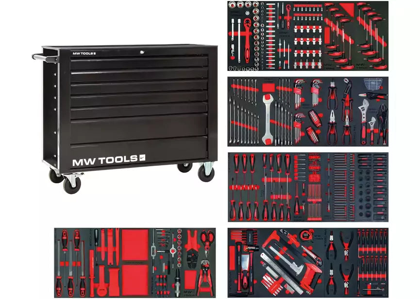 Gevulde brede, zwarte gereedschapswagen XL 514-delig MW Tools