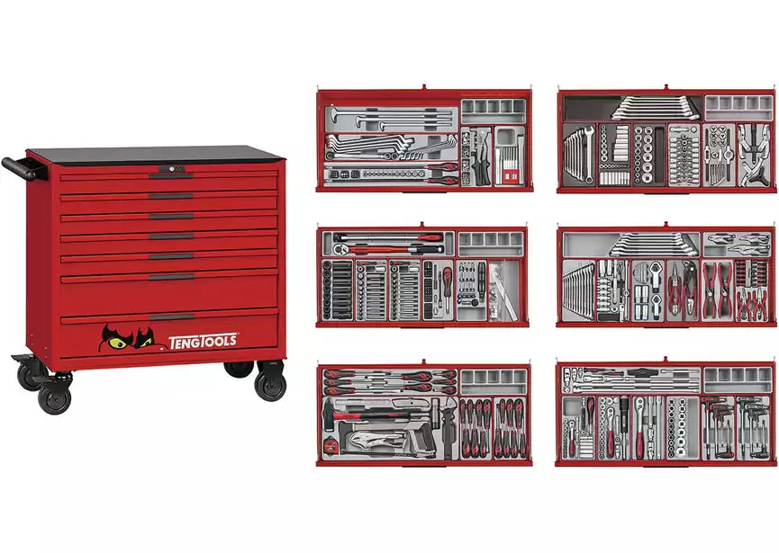 Gereedschapswagen rood midi master set 7 laden - 663-delig Teng Tools