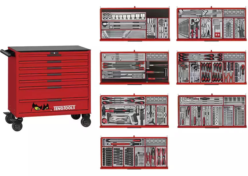 Gereedschapswagen rood midi master set 7 laden - 595-delig Teng Tools