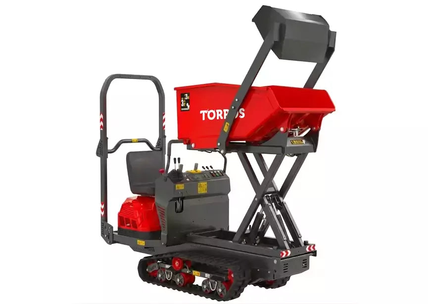 Rupsdumper 650 kg met schaarlift en hydraulische kiepbak - 15 pk benzinemotor - Met chauffeurszetel Torros