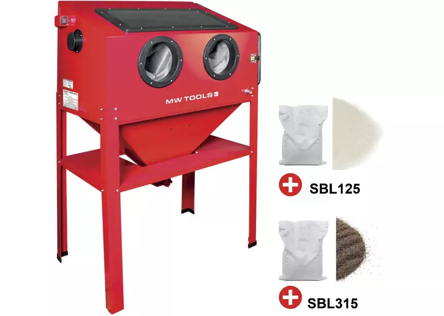 PACK straalcabine 220 L met 25 kg glasparels en 25 kg bruine korund MW Tools