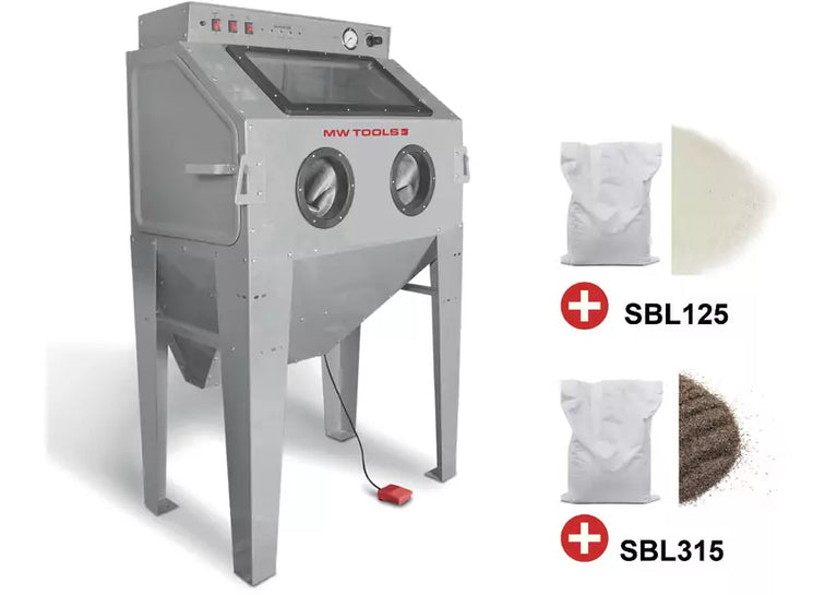 PACK straalcabine 415 L met 25 kg glasparels en 25 kg bruine korund MW Tools