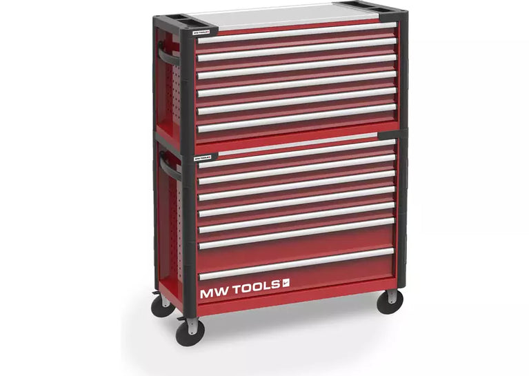 Gevulde brede, robuuste gereedschapswagen met topkoffer XXL 729-delig MW Tools