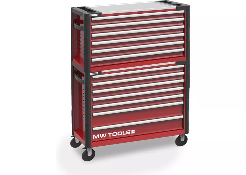 Gevulde brede, robuuste gereedschapswagen met topkoffer XXL 729-delig MW Tools