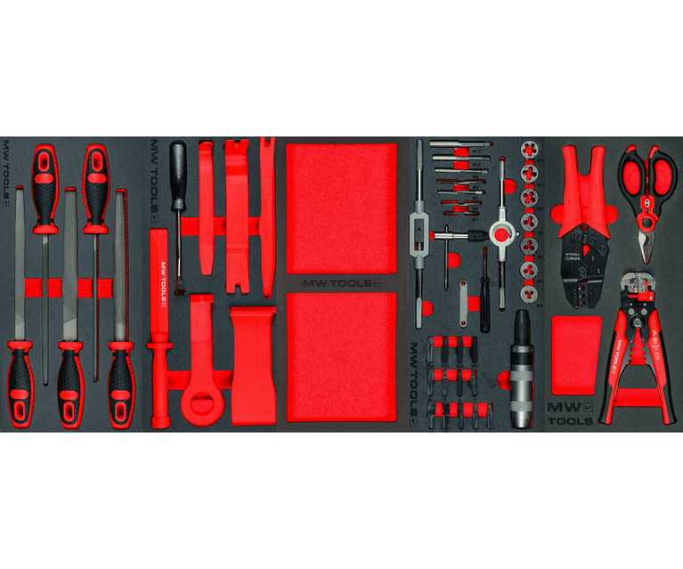 Gevulde brede, robuuste gereedschapswagen met topkoffer EV XL 567-delig MW Tools