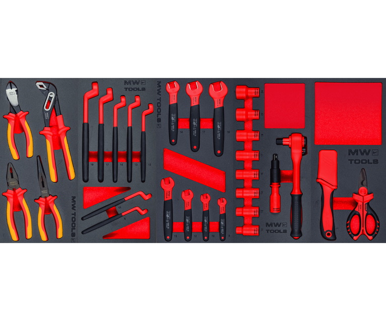 Gevulde brede, robuuste gereedschapswagen met topkoffer EV XL 567-delig MW Tools
