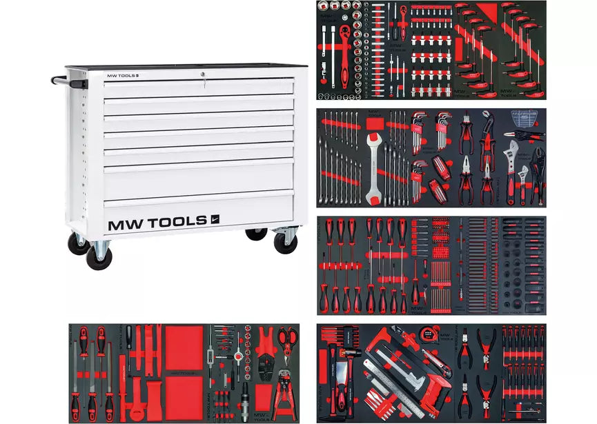 Gevulde brede, witte gereedschapswagen XL 514-delig MW Tools