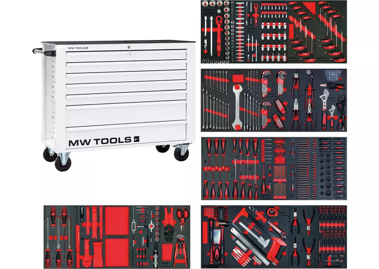 Gevulde brede, witte gereedschapswagen XL 514-delig MW Tools
