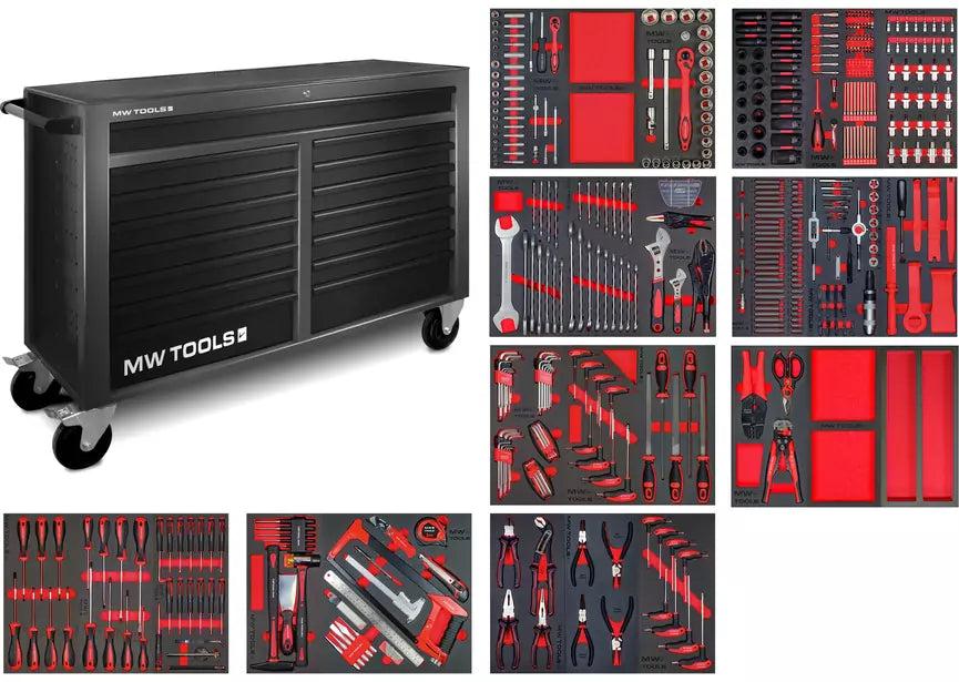 Gevulde brede, zwarte gereedschapswagen XL 514-delig MW Tools