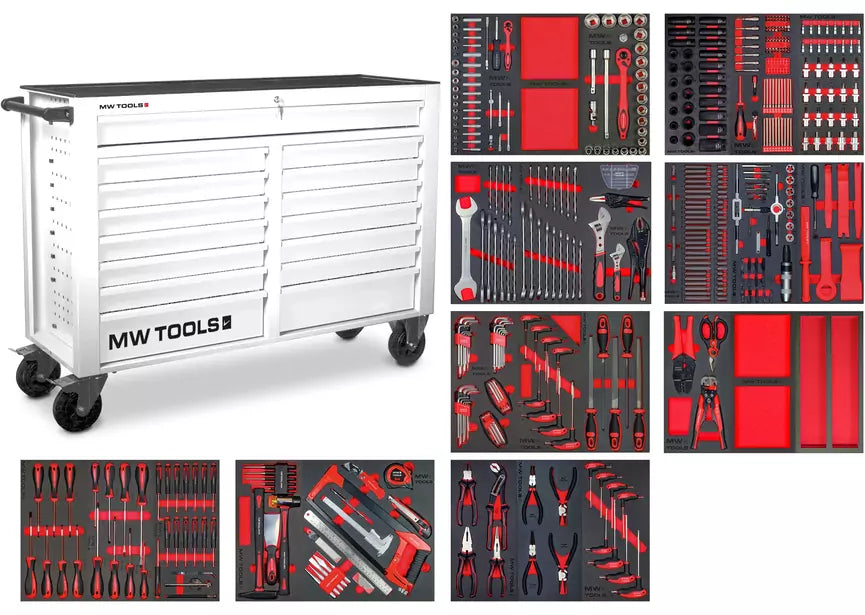 Gevulde brede, witte gereedschapswagen XL 514-delig MW Tools