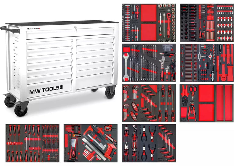 Gevulde brede, witte gereedschapswagen XL 514-delig MW Tools