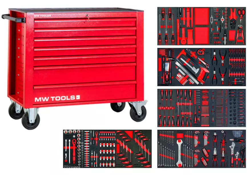 Gevulde rode brede gereedschapswagen XL 514-delig MW Tools