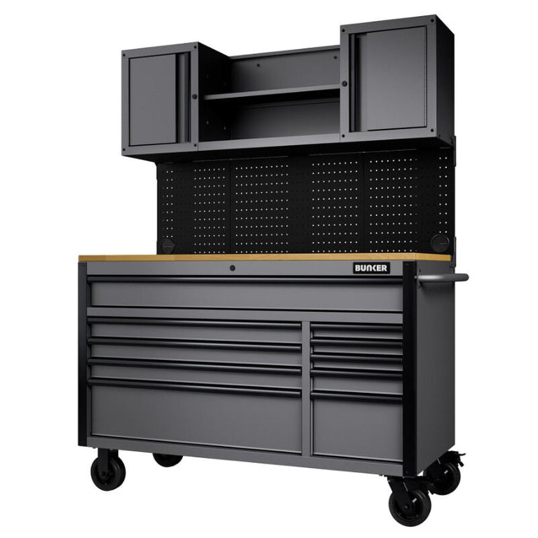BUNKER Gereedschapswagen/werkbank met achterwand, 142cm, licht grijs