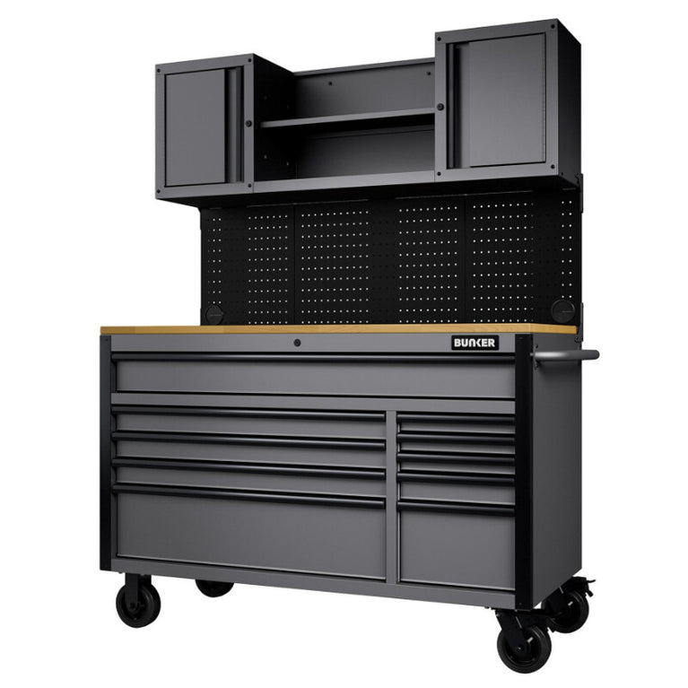 BUNKER Gereedschapswagen/werkbank met achterwand, 142cm, licht grijs
