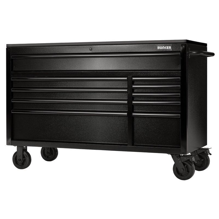 BUNKER Gereedschapswagen/werkbank met zwart roestvrijstalen werkblad, 144cm, zwart