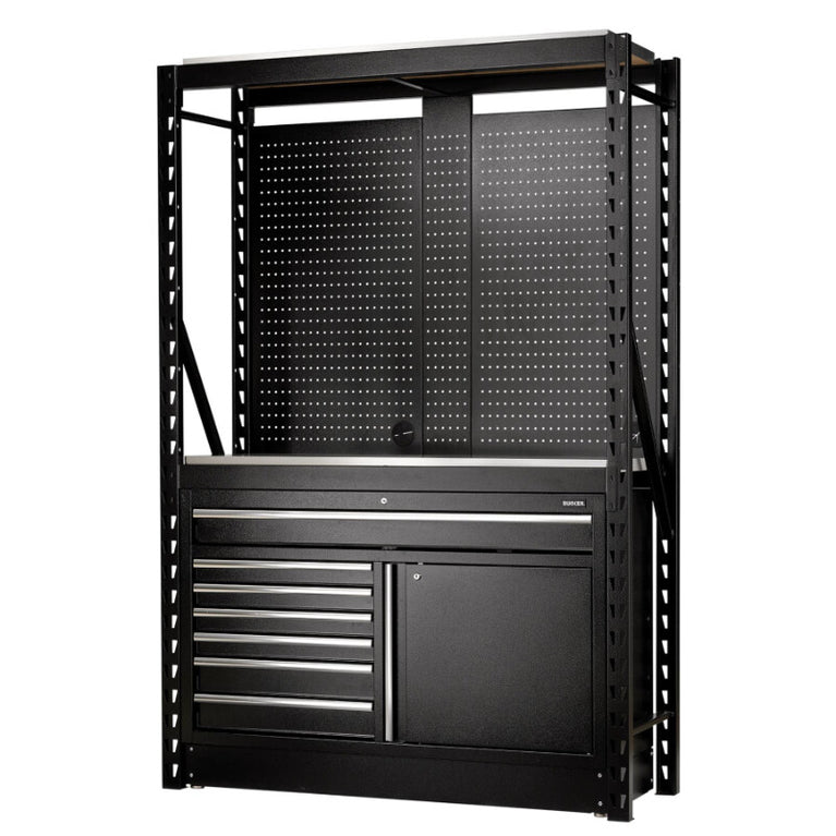 BUNKER Opbergrek met geperforeerde achterwand en 2 vloerkasten, 1500x2210x520mm