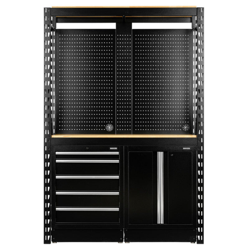 BUNKER Opbergrek met geperforeerde achterwand en 2 vloerkasten, 1500x2210x520mm