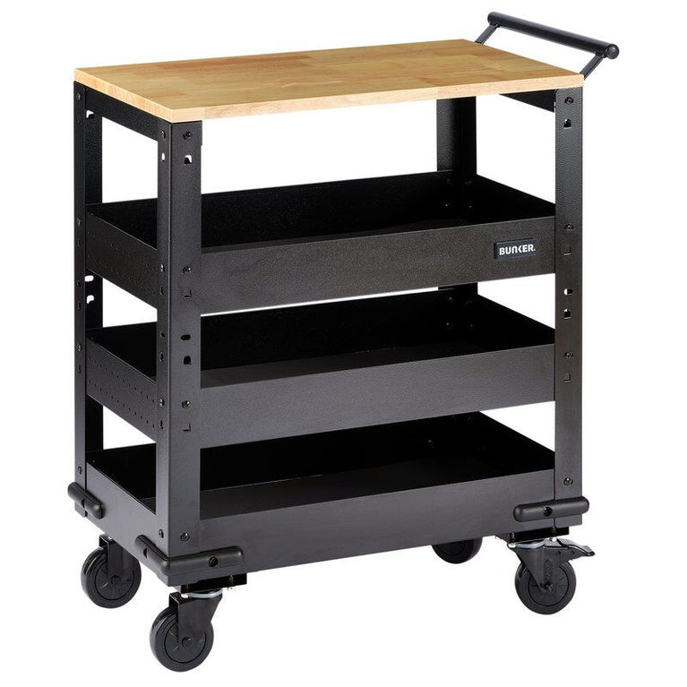 BUNKER Werkplaatstrolley met hardhouten werkblad, 3 schappen, 71cm
