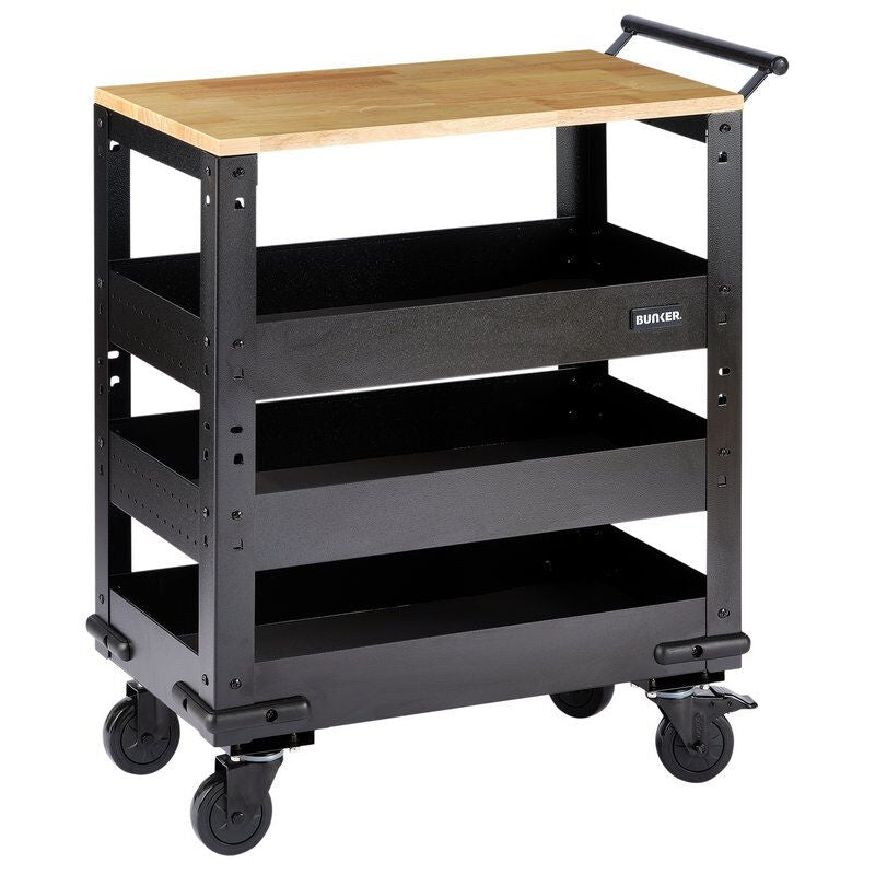 BUNKER Werkplaatstrolley met hardhouten werkblad, 3 schappen, 71cm