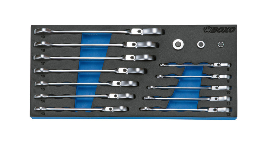 Steek- ringratelsleutelset met flexibele kop 15-dlg.