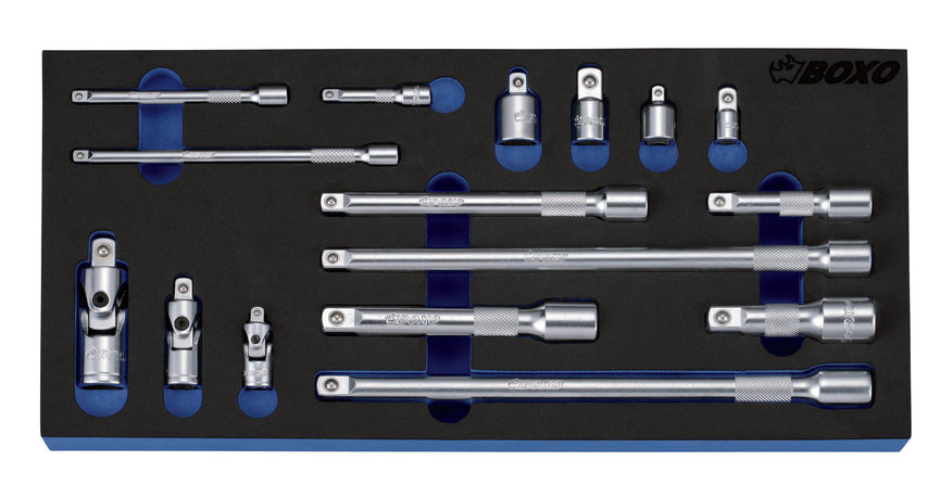 1/4", 3/8" en 1/2" Verloopdopsleutel- verlengstuk- en cardangewrichtset 16-dlg.