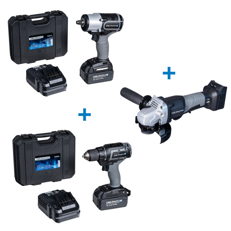 3-delige Accugereedschap set met 1/2" slagmoersleutel, boormachine en haakse slijper