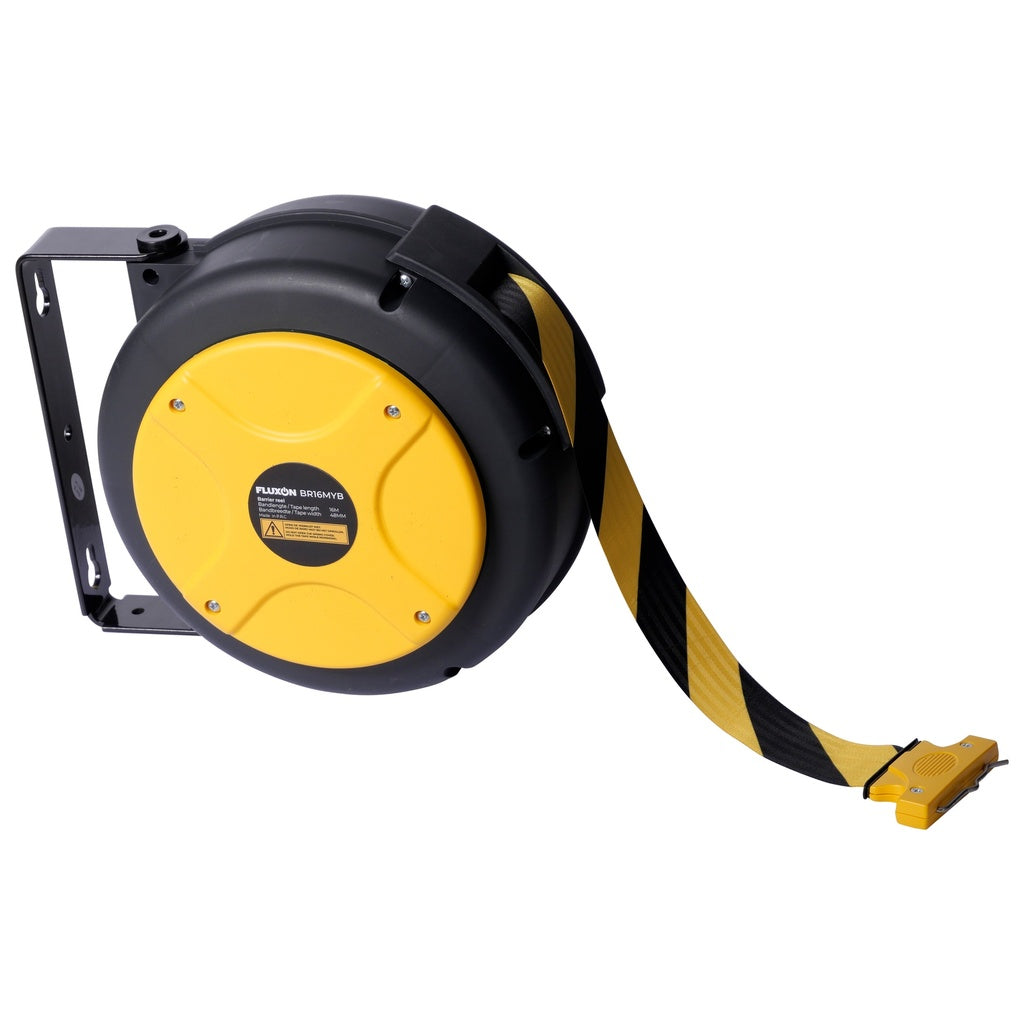 Fluxon haspel met afzetlint Geel/Zwart 16mtr vp:36549