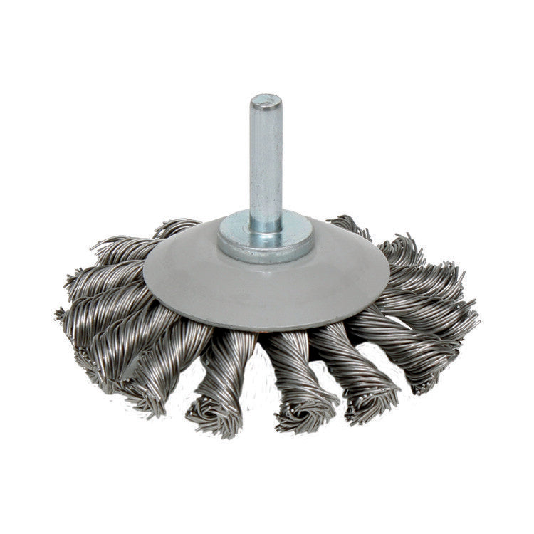 Schijfborstel conisch 75mm, RVS, stift 6mm, 15.000rpm, gevlochten