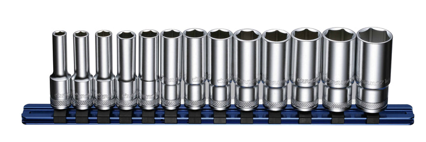 3/8" Dopsleutelset lang op rail 13-dlg.
